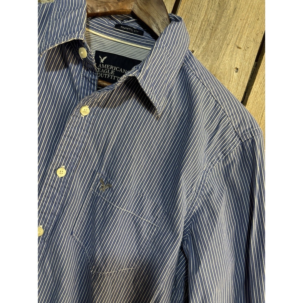 American Eagle Mens Medium Athletic Fit Blue White Stripe Button Up Oxford Shirt - Picture 2 of 8